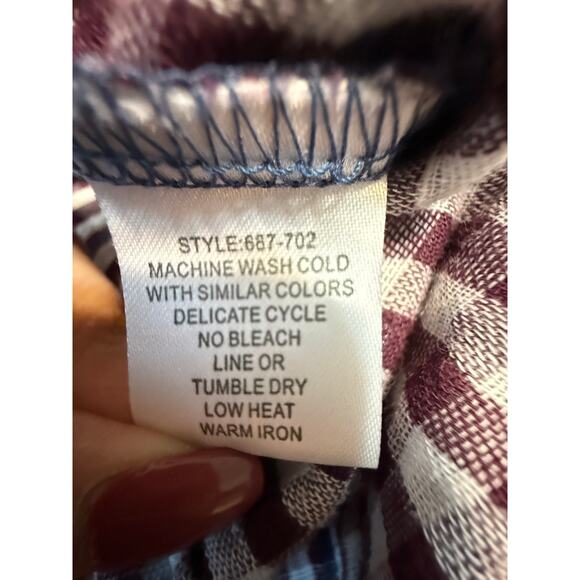 Sandra Ingrish Plaid Shirt Size M Gingham Cotton Buttonup Roll-tab Blue Burgundy - Picture 6 of 6